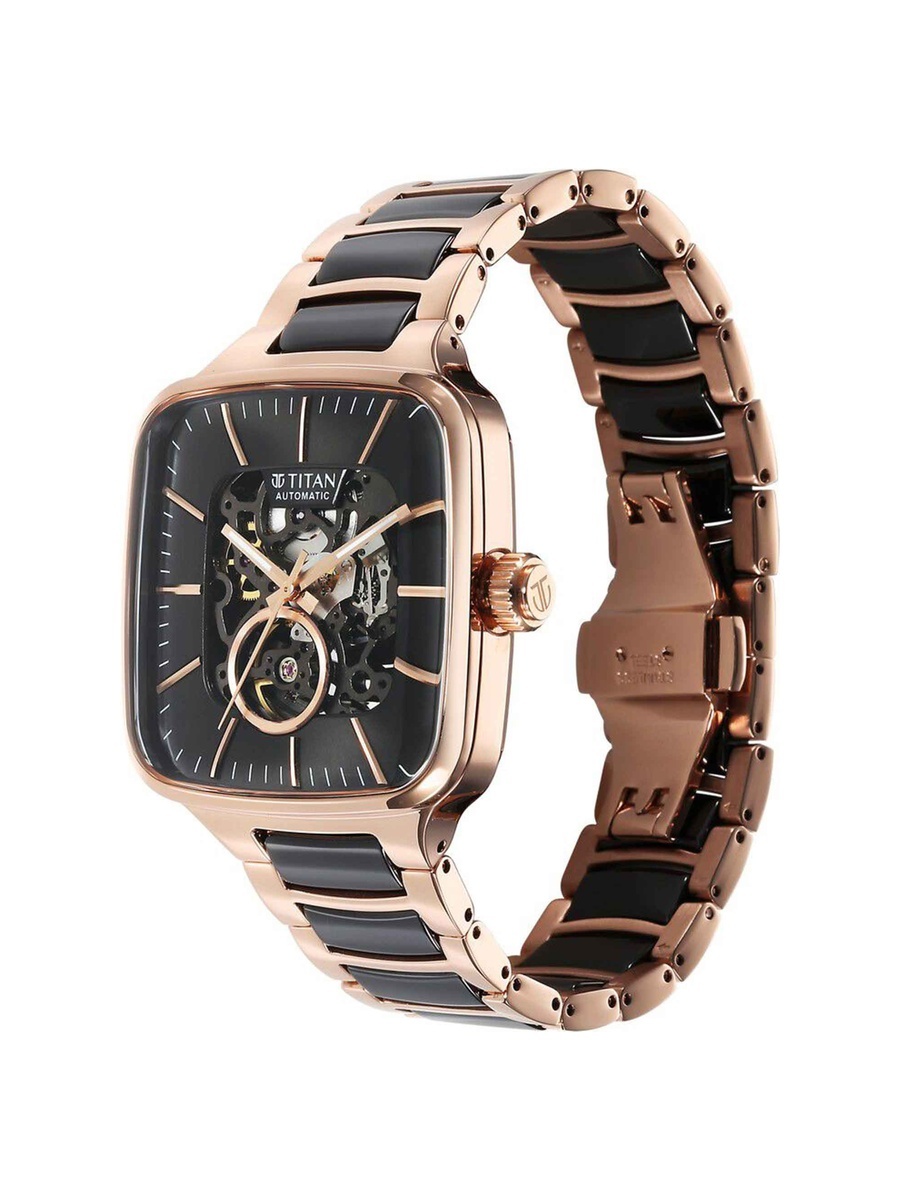 Men Ceramic Fusion Skeleton Automatic Rich Black Dial Steel Watch