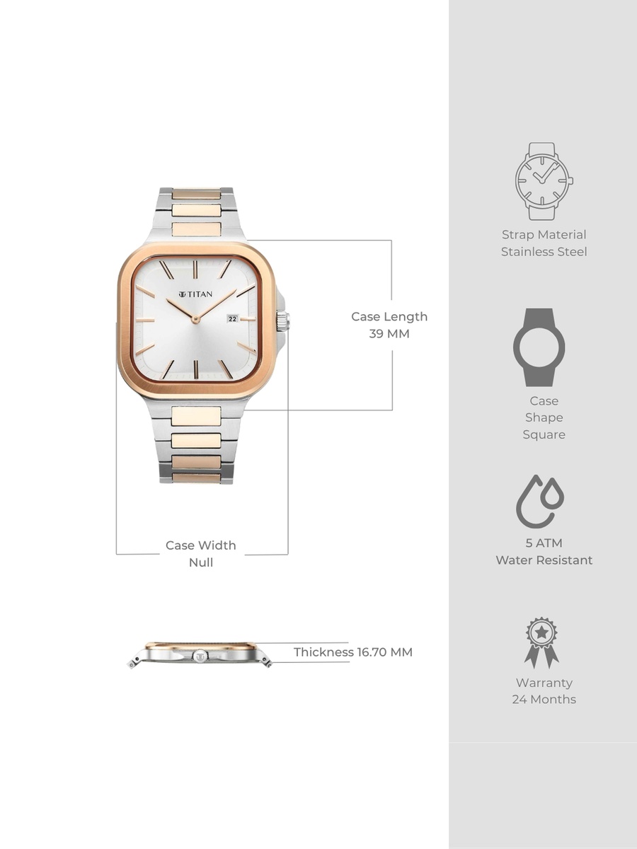 Men Classique Slim Square Analog Watch with Two-Tone Stainless Steel Strap, 50M Water Resistance