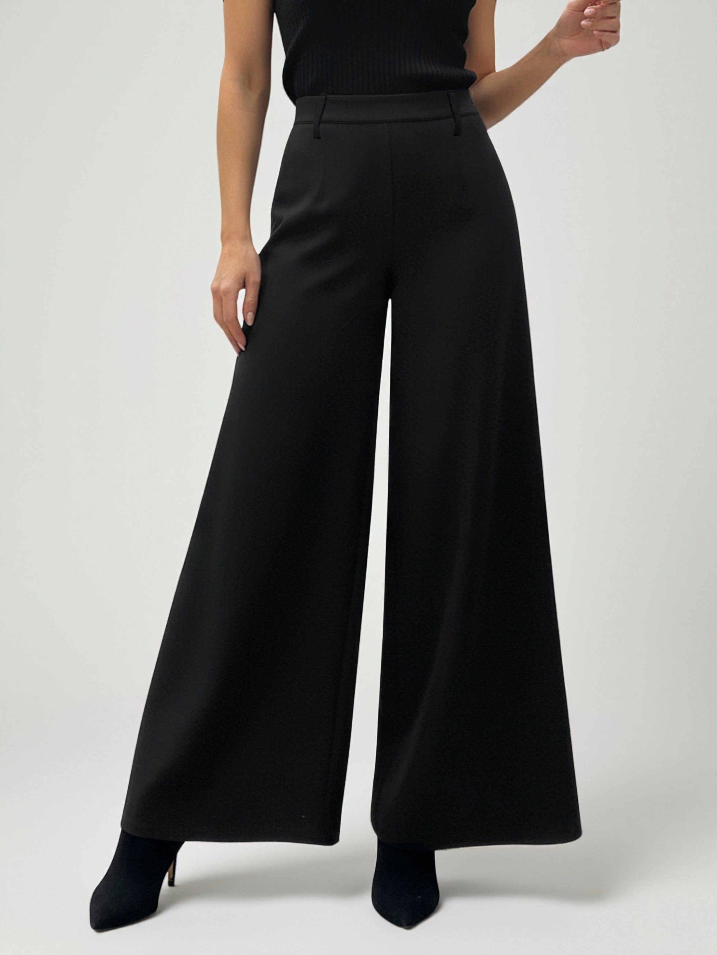 Black Solid Wide Leg High Waist Trousers