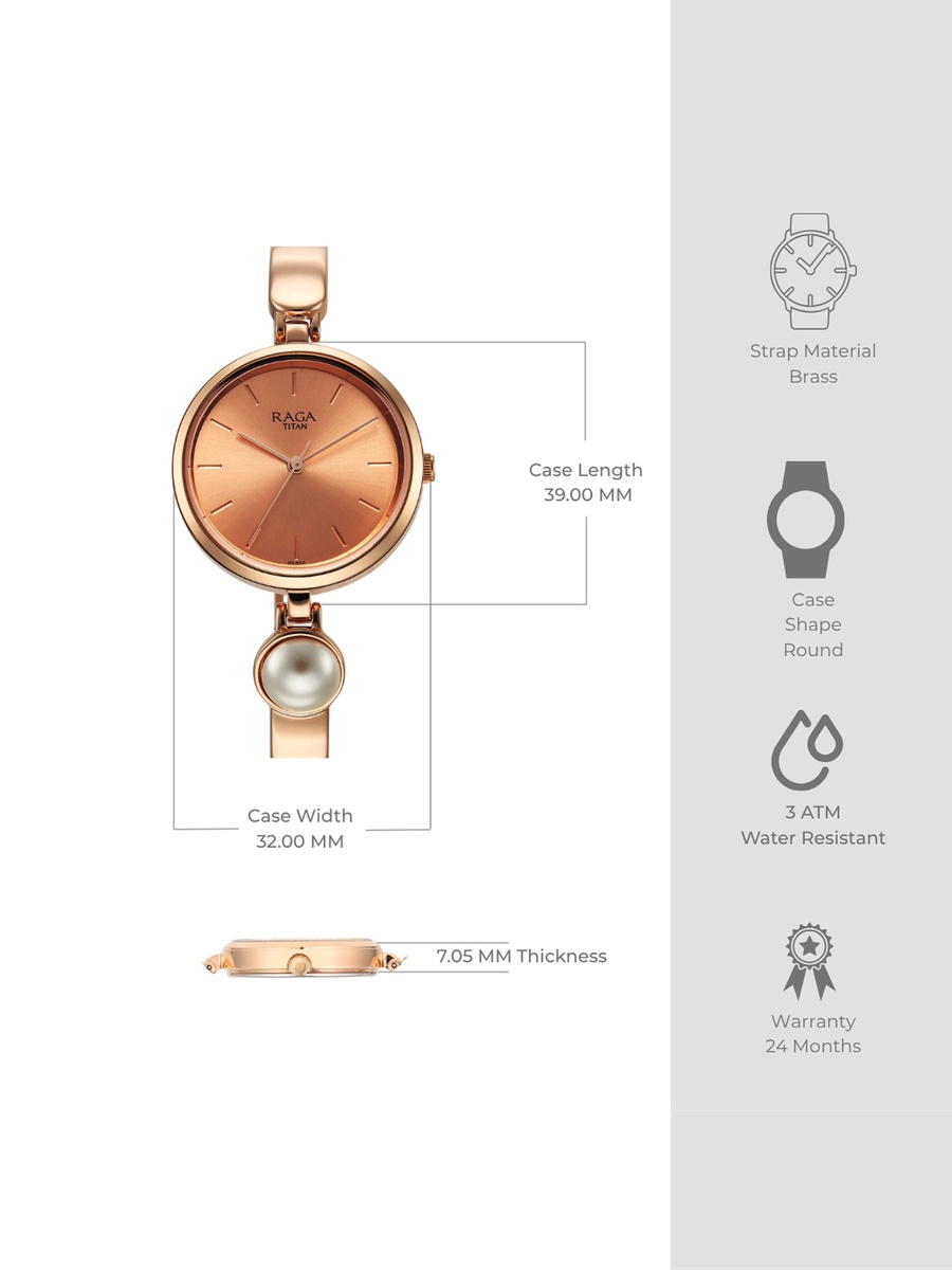 Women Raga Power Pearls Watch with Rose Gold Dial and Stainless Steel Metal Strap