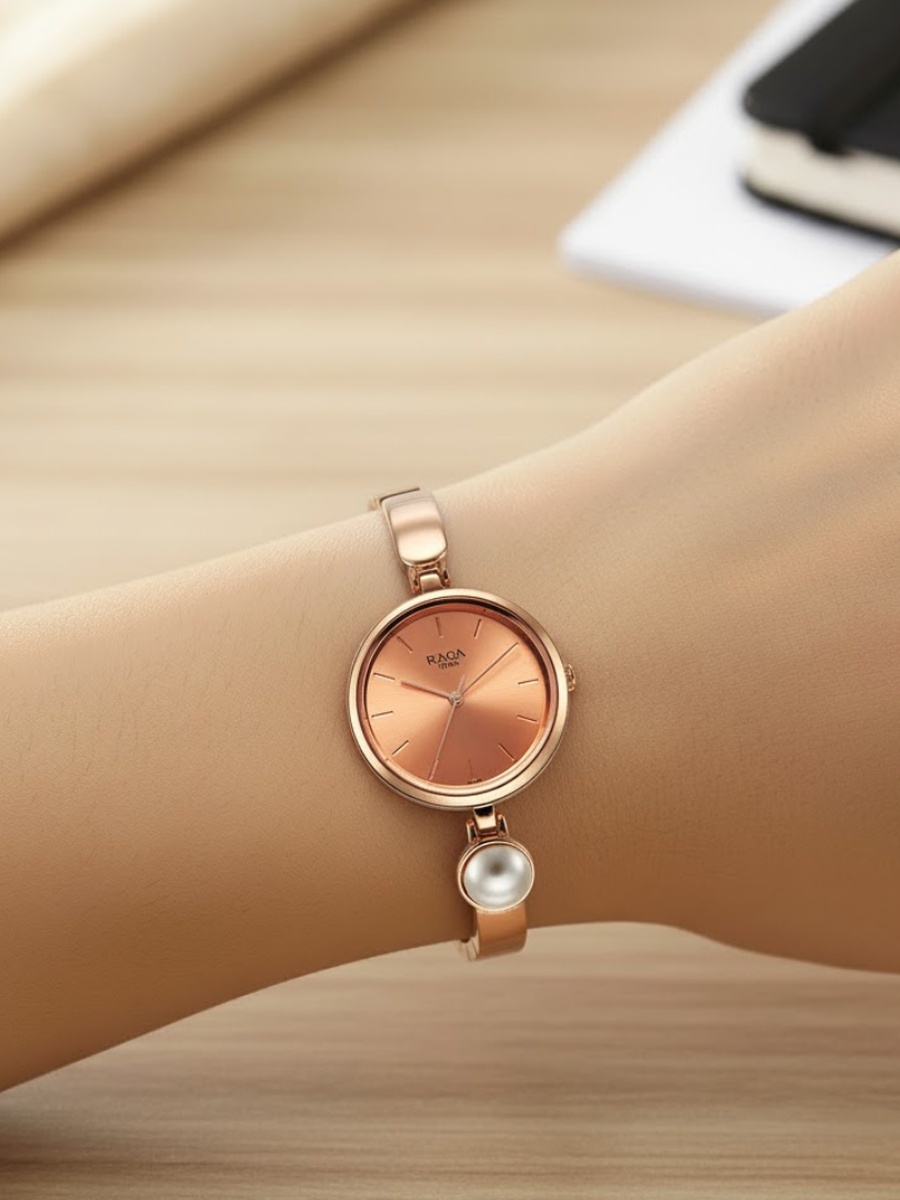 Women Raga Power Pearls Watch with Rose Gold Dial and Stainless Steel Metal Strap