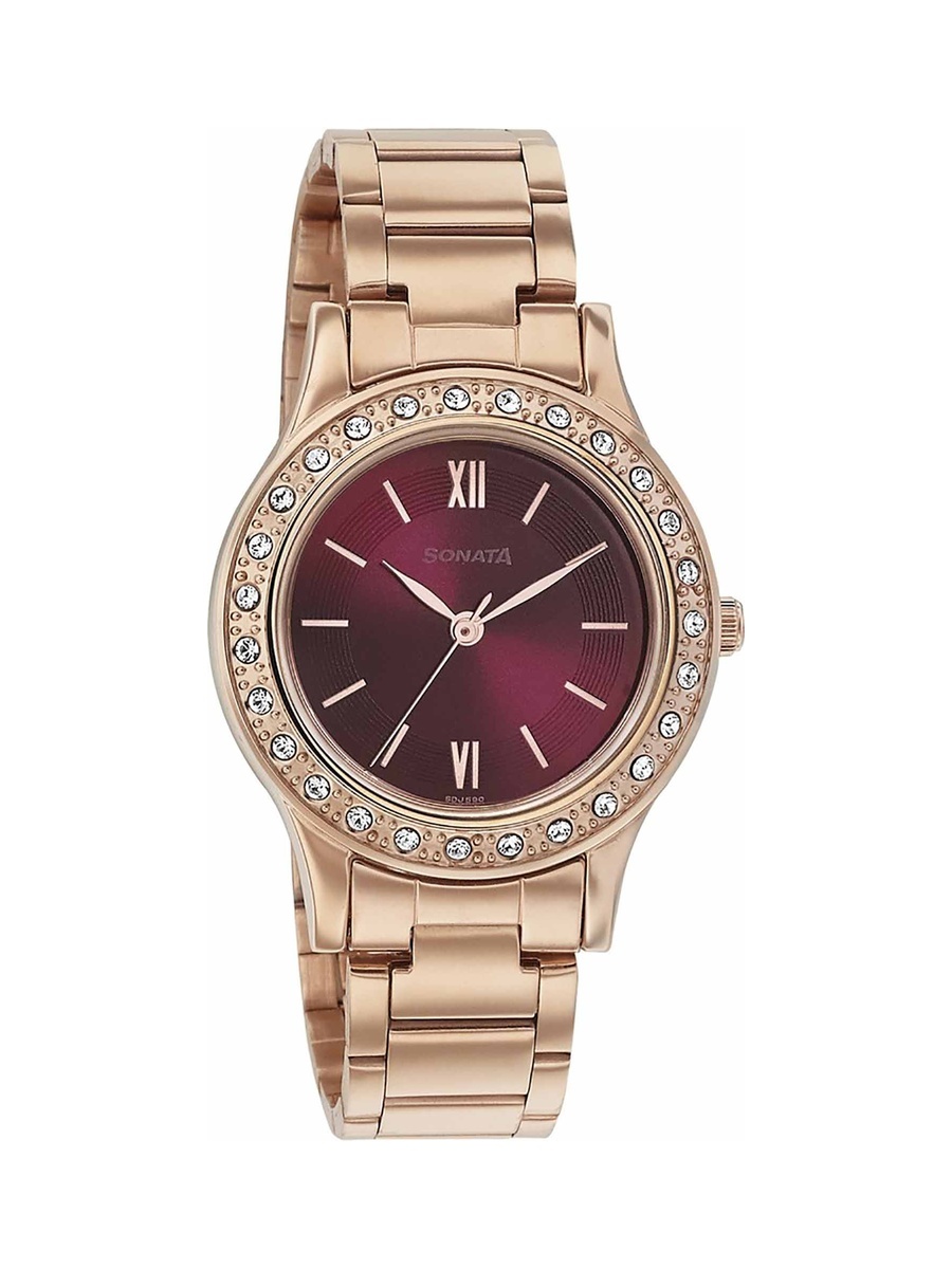 Women Maroon Dial Stainless Steel Strap Watch