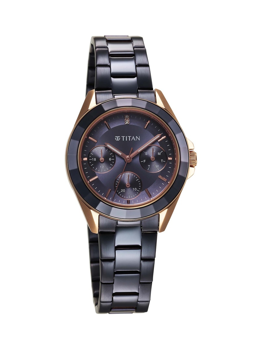 Women Glamour Multifunction Watch with Black Dial and Stainless Steel Strap