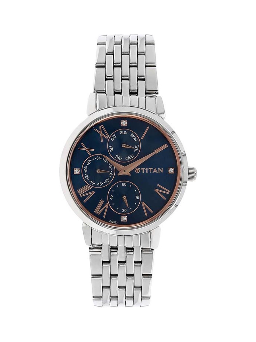 Women Workwear Multifunction Blue Dial Watch with Stainless Steel Strap, Quartz
