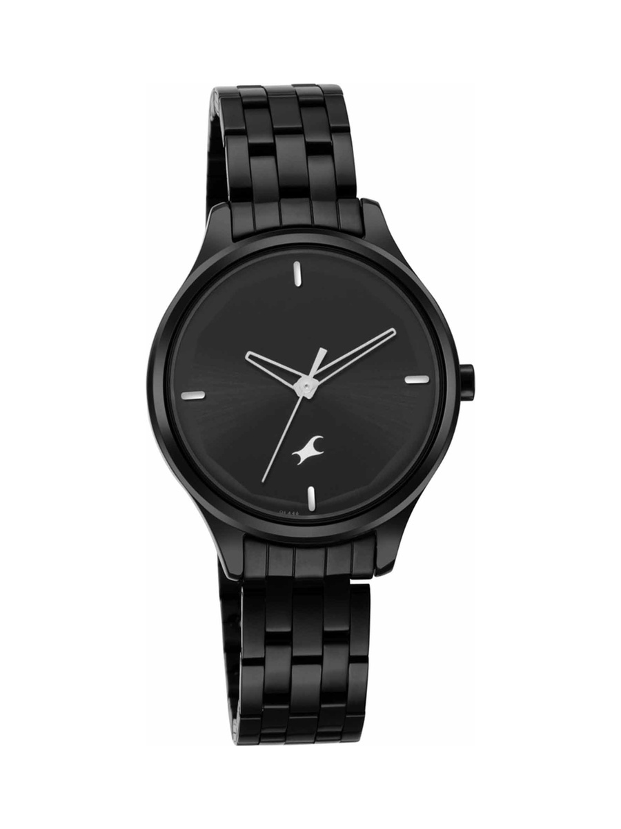 Women Black Dial Watch with Stainless Steel Strap, Quartz Movement 3 ATM Water-Resistant