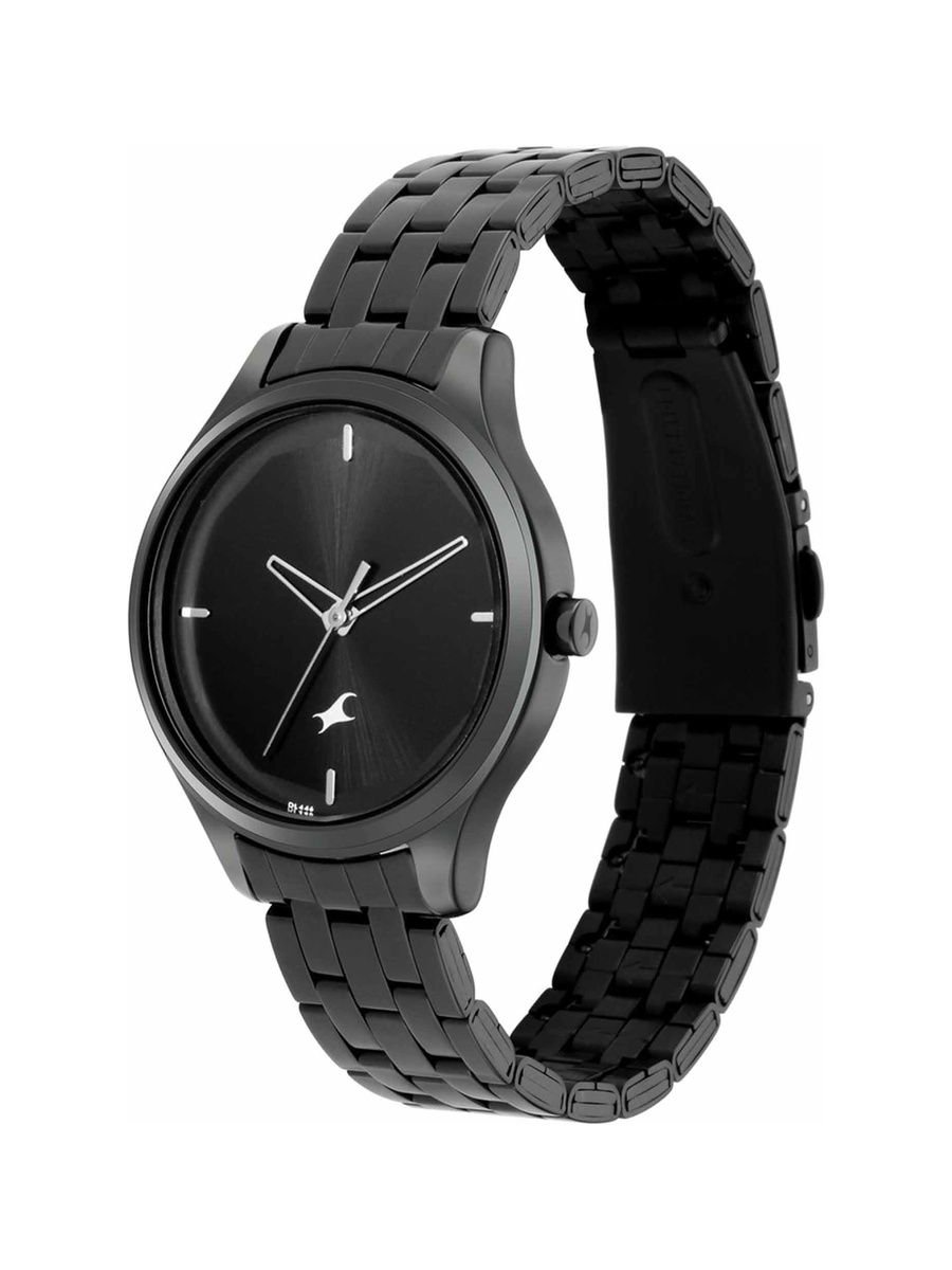 Women Black Dial Watch with Stainless Steel Strap, Quartz Movement 3 ATM Water-Resistant