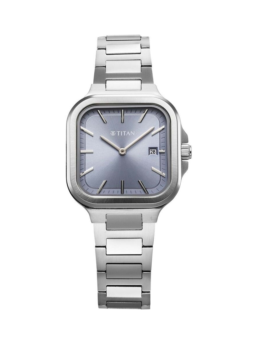 Women Slim Square Watch with Blue Dial and Stainless Steel Strap, Quartz Movement