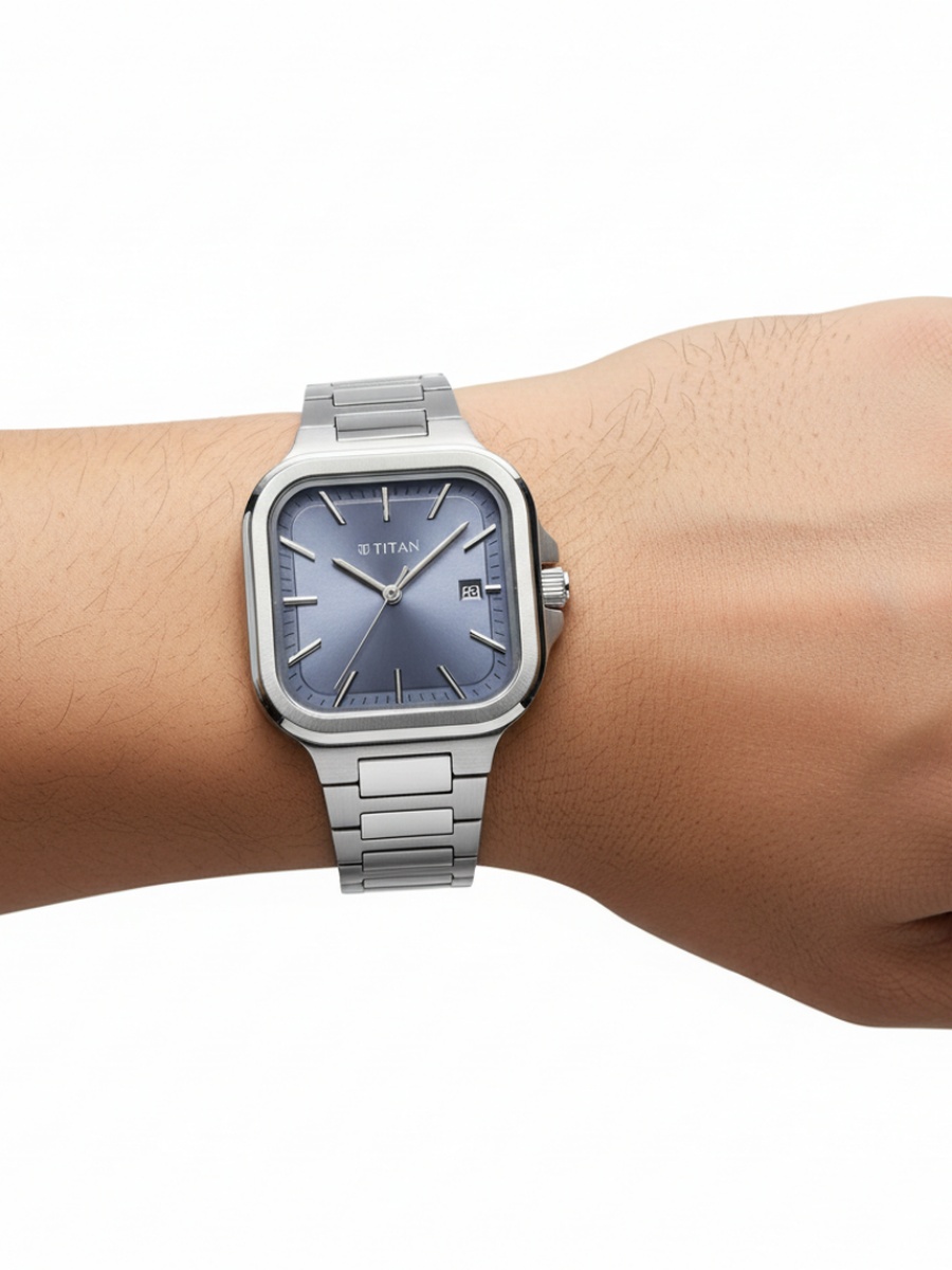Women Slim Square Watch with Blue Dial and Stainless Steel Strap, Quartz Movement