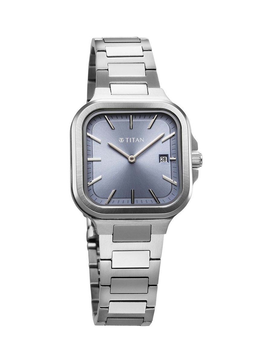 Women Slim Square Watch with Blue Dial and Stainless Steel Strap, Quartz Movement
