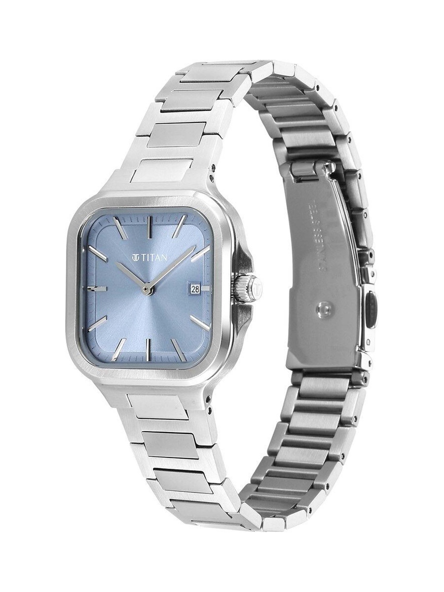 Women Slim Square Watch with Blue Dial and Stainless Steel Strap, Quartz Movement