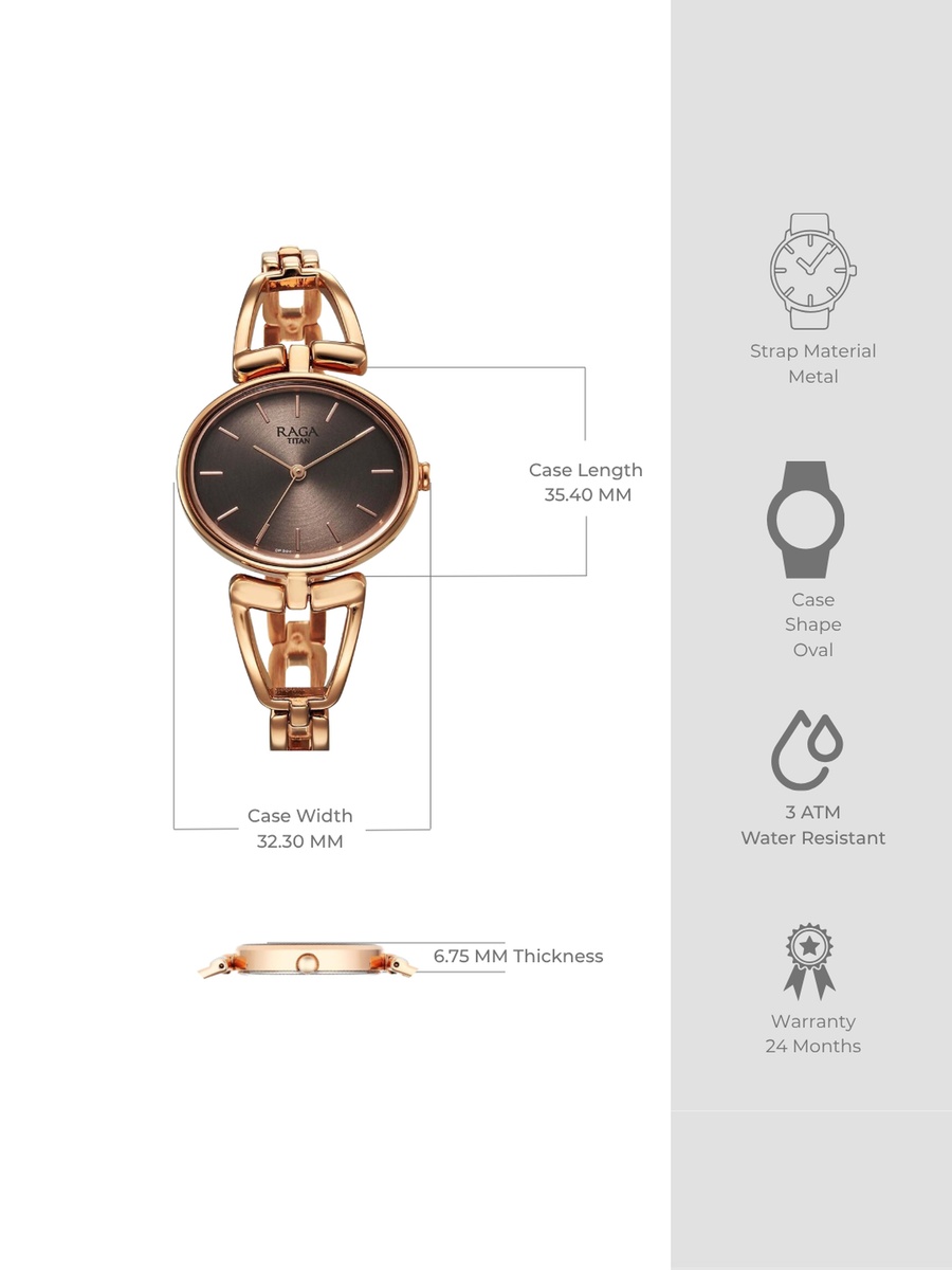Women Raga Ascend Watch with Brown Dial and Metal Strap, Quartz Movement