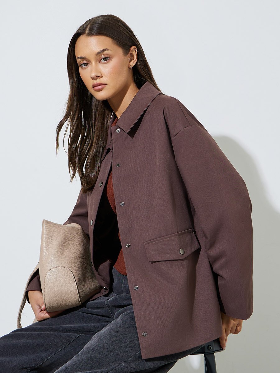 Brown Solid Longline Utility Jacket