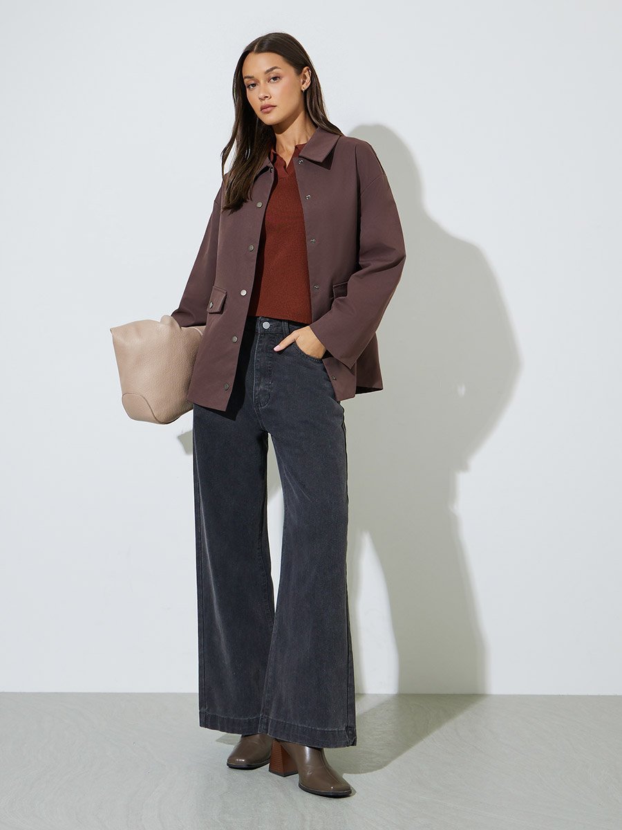 Brown Solid Longline Utility Jacket