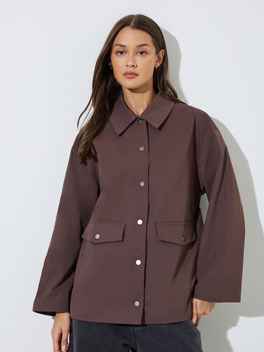 Brown Solid Longline Utility Jacket