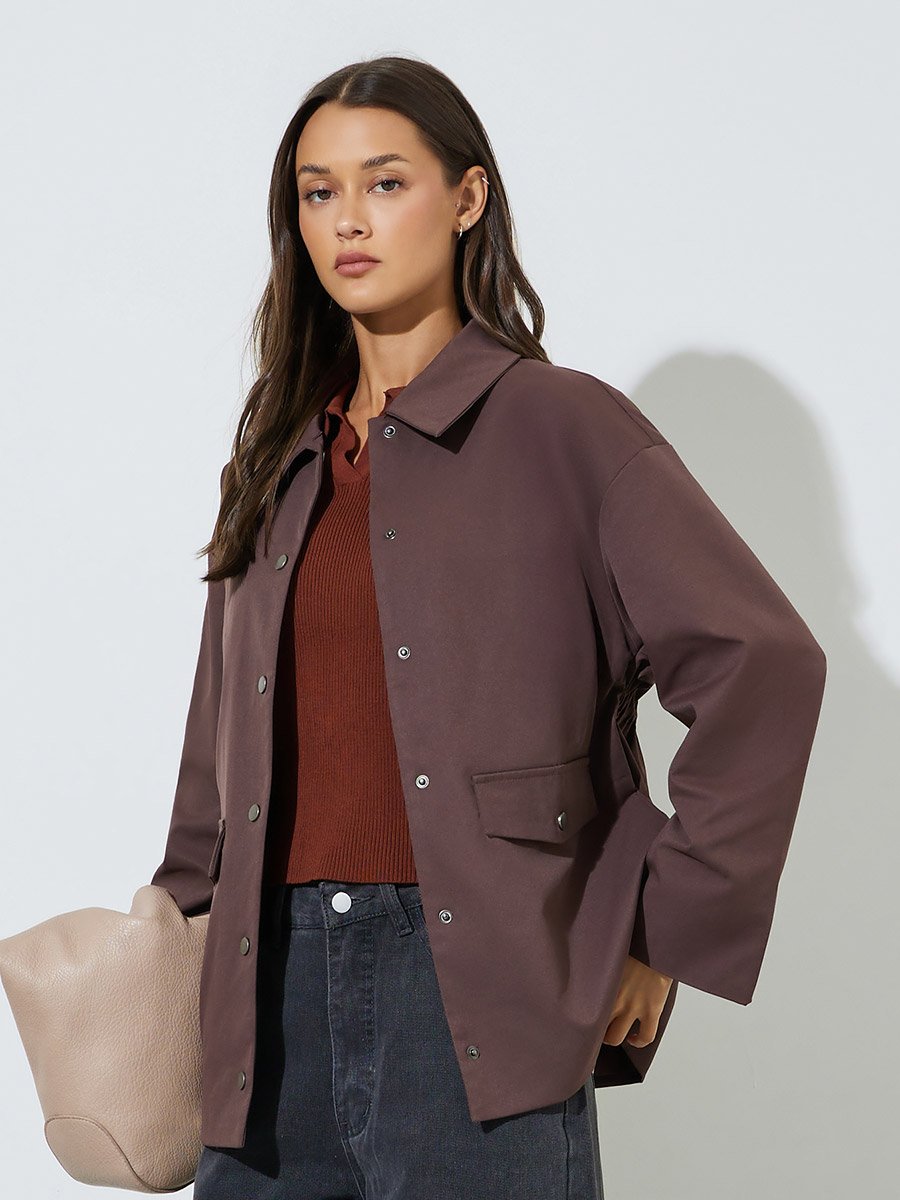 Brown Solid Longline Utility Jacket