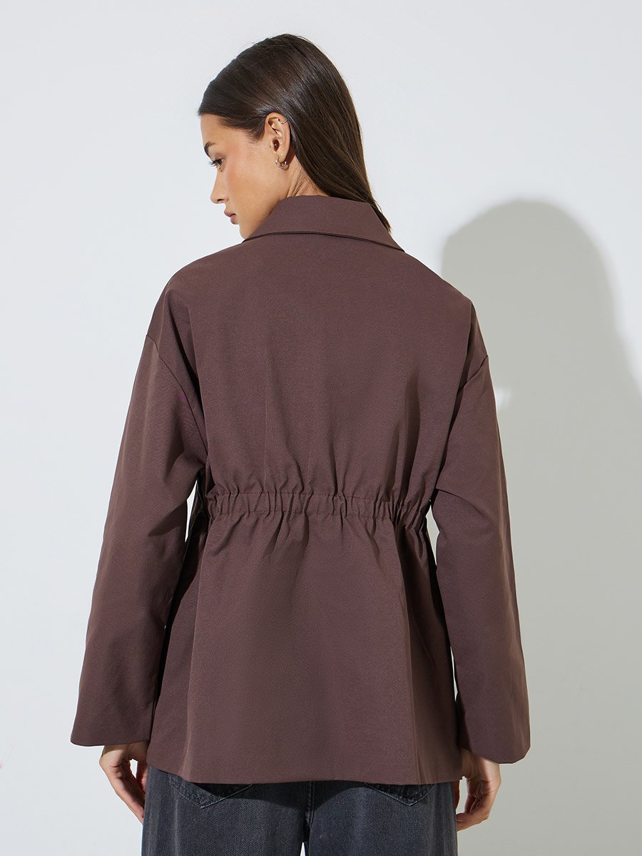 Brown Solid Longline Utility Jacket