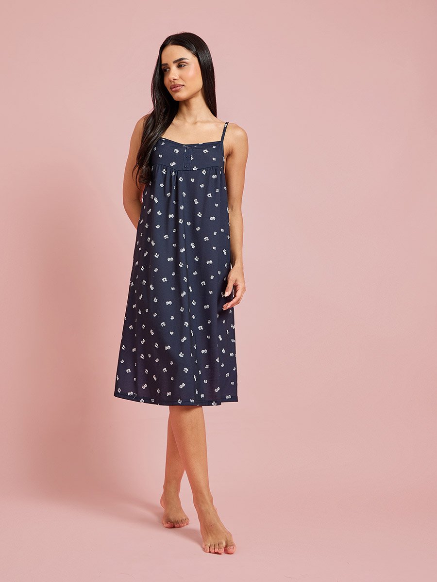 Navy Blue All Over Print Button Detail Midi Slip Nightdress