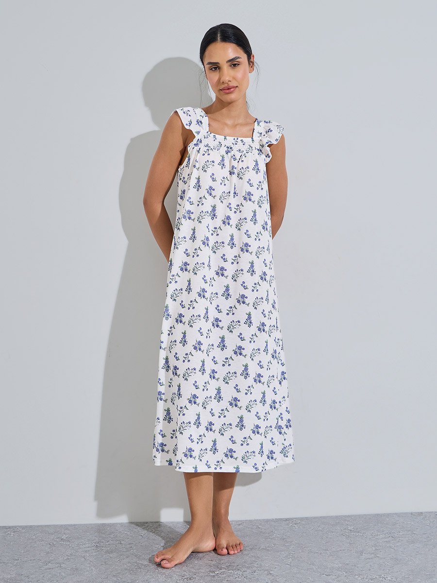 Multi-Color All Over Floral Print Smocked Details Sleeveless Nightdress