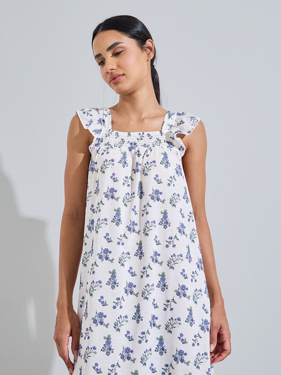 Multi-Color All Over Floral Print Smocked Details Sleeveless Nightdress