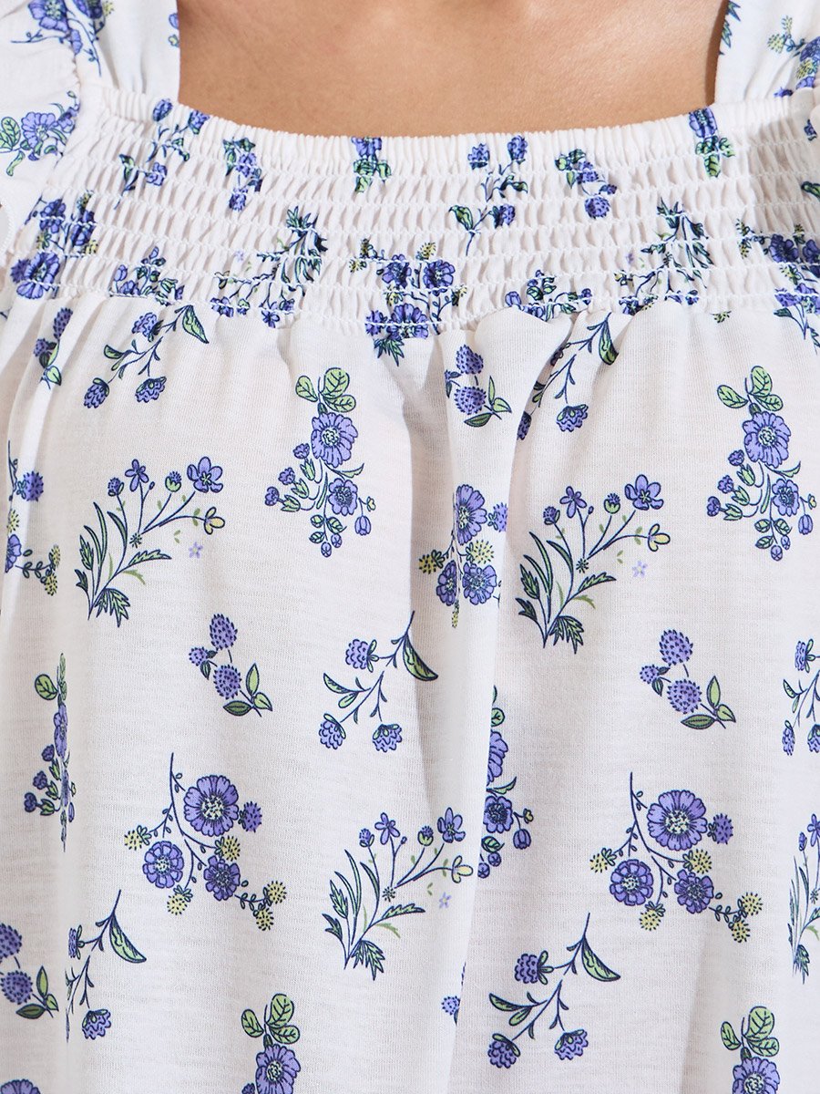 Multi-Color All Over Floral Print Smocked Details Sleeveless Nightdress