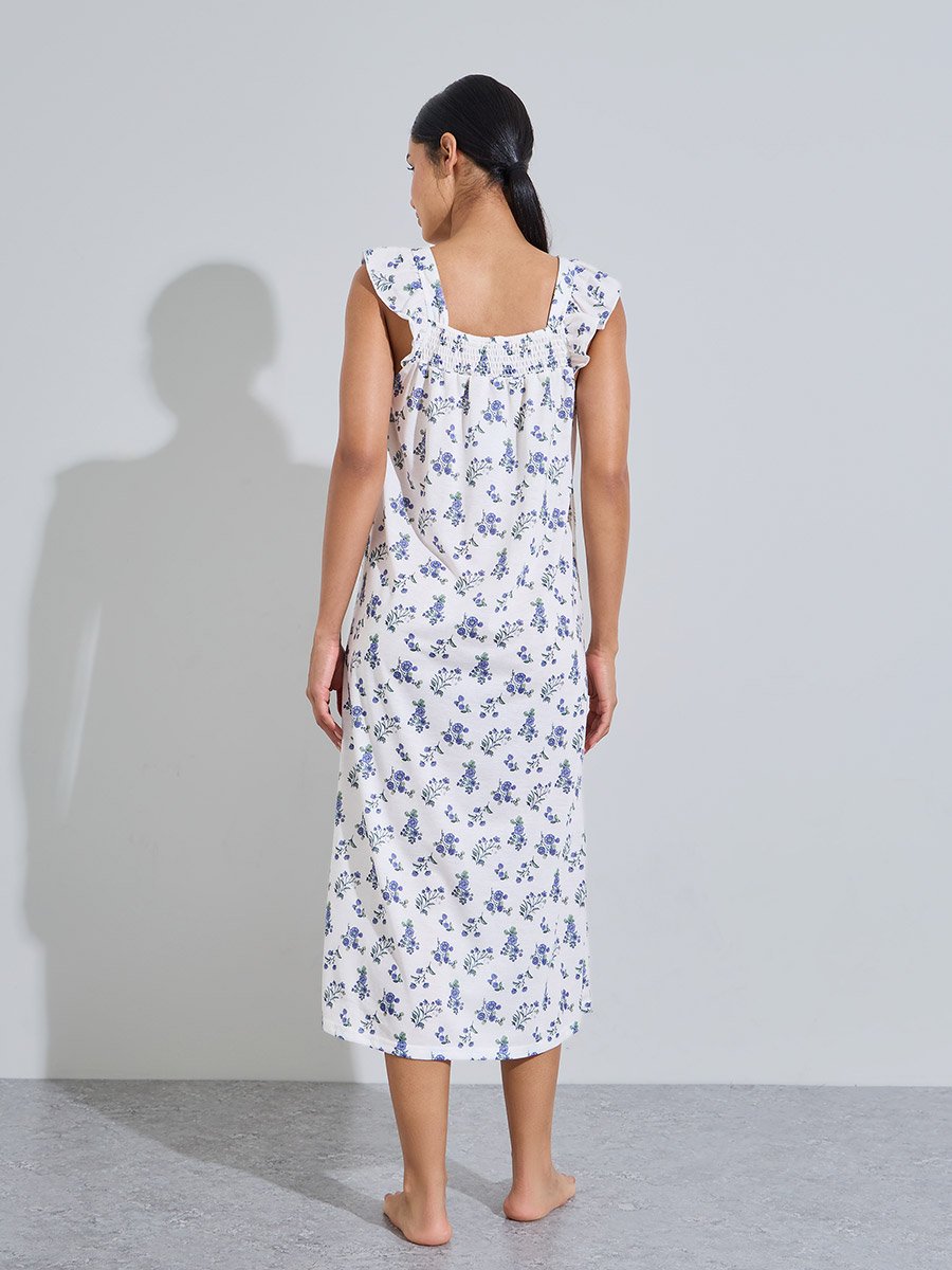 Multi-Color All Over Floral Print Smocked Details Sleeveless Nightdress