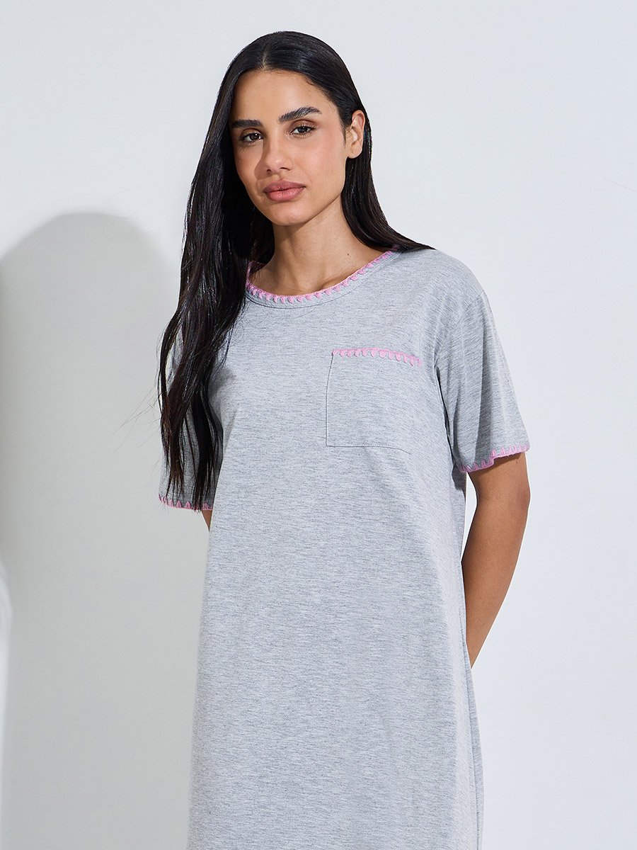 Gray Solid Short Sleeves T-Shirt Nightdress with Pink Embroidery Trims