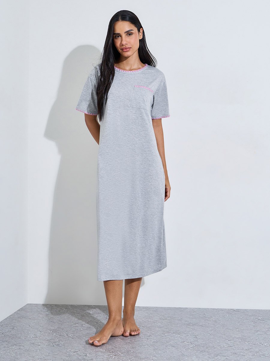 Gray Solid Short Sleeves T-Shirt Nightdress with Pink Embroidery Trims