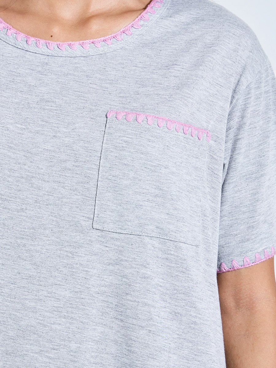 Gray Solid Short Sleeves T-Shirt Nightdress with Pink Embroidery Trims