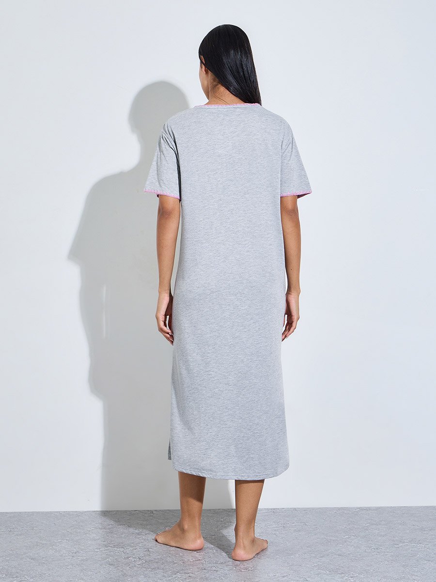 Gray Solid Short Sleeves T-Shirt Nightdress with Pink Embroidery Trims