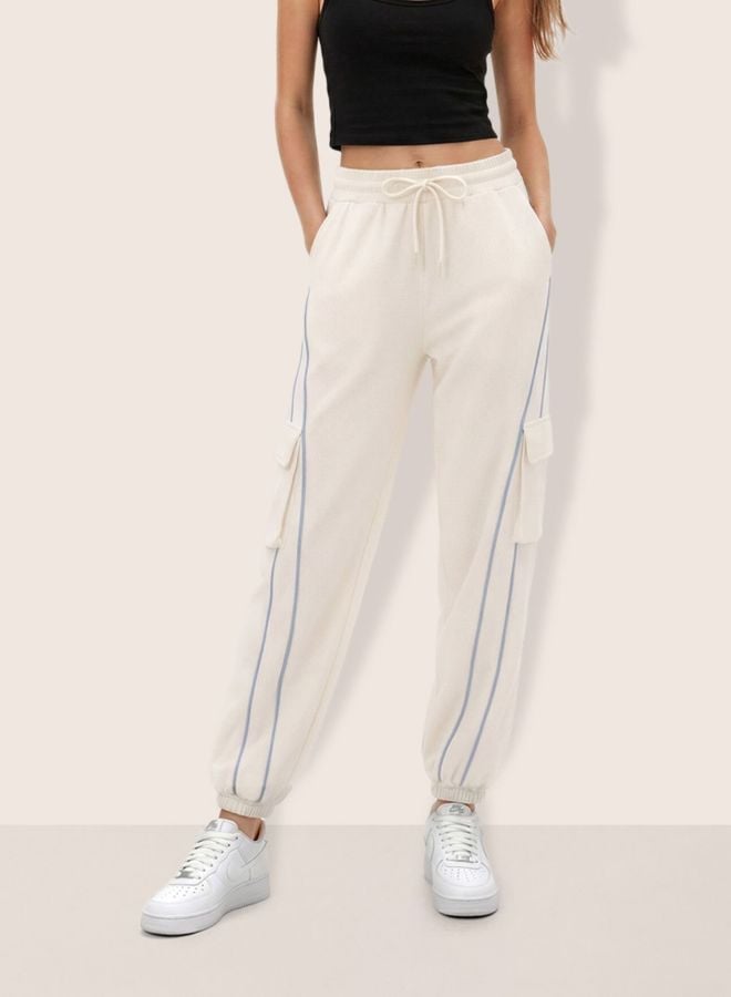 Cream High-Rise Cargo Joggers with Piping Details