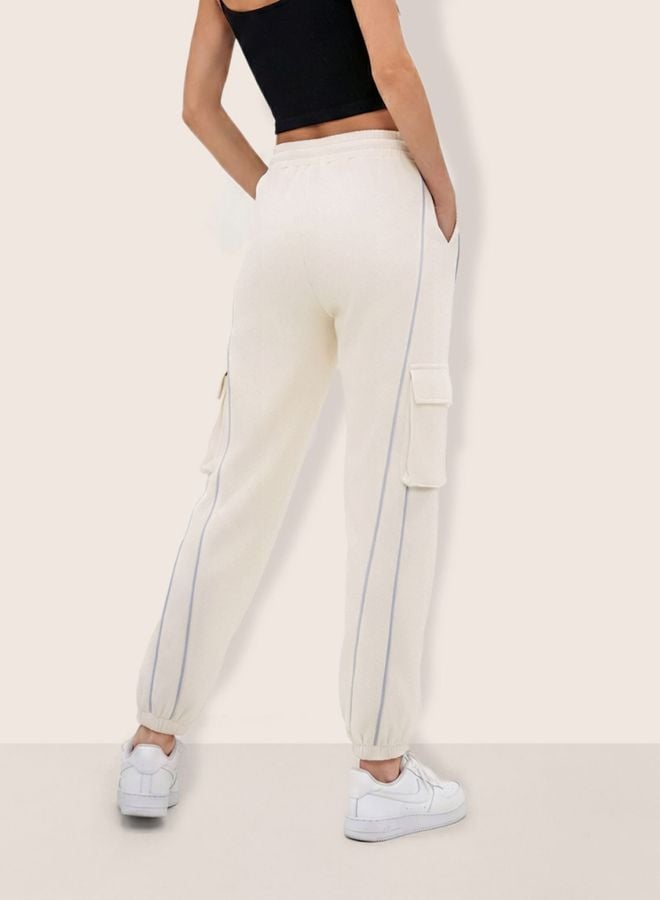Cream High-Rise Cargo Joggers with Piping Details