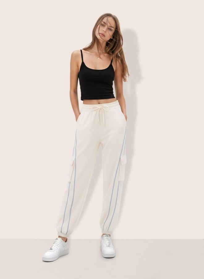 Cream High-Rise Cargo Joggers with Piping Details
