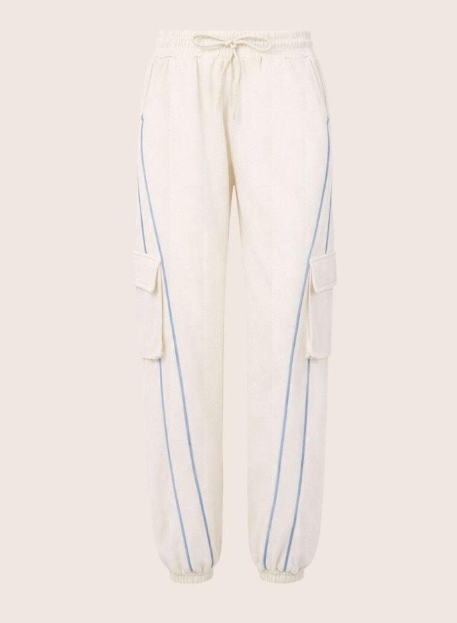 Cream High-Rise Cargo Joggers with Piping Details