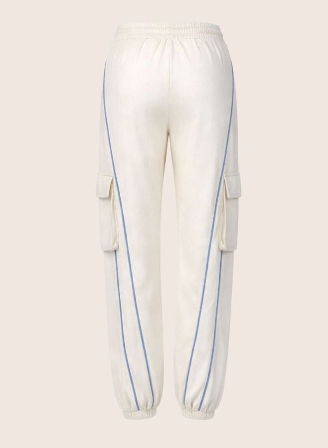 Cream High-Rise Cargo Joggers with Piping Details