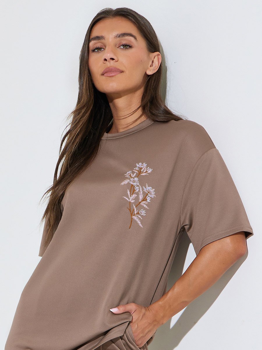 Brown Embroidered Short Sleeves Oversized T-Shirt