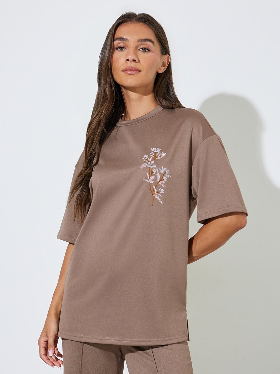 Brown Embroidered Short Sleeves Oversized T-Shirt