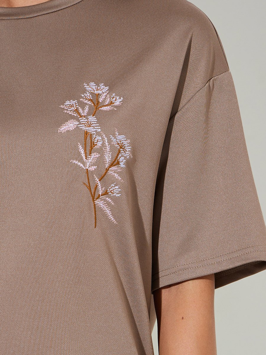 Brown Embroidered Short Sleeves Oversized T-Shirt