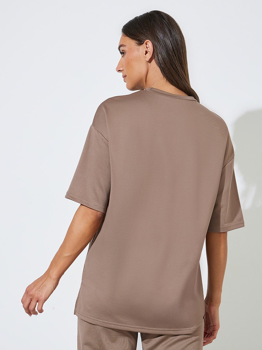 Brown Embroidered Short Sleeves Oversized T-Shirt