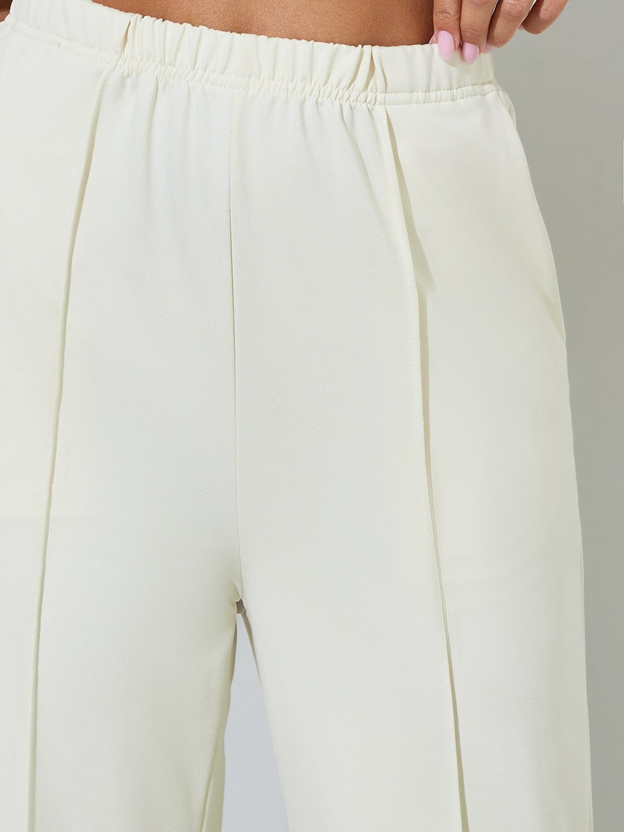 Cream Solid Pleated Details Wide Leg Joggers