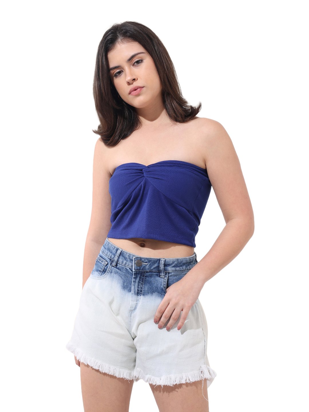 Blue Fitted Twisted Tube Crop Top