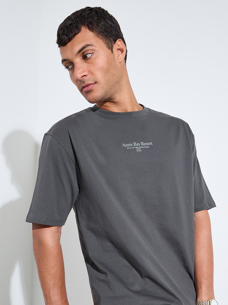 Grey Slogan Print Crew Neck Oversized T-Shirt