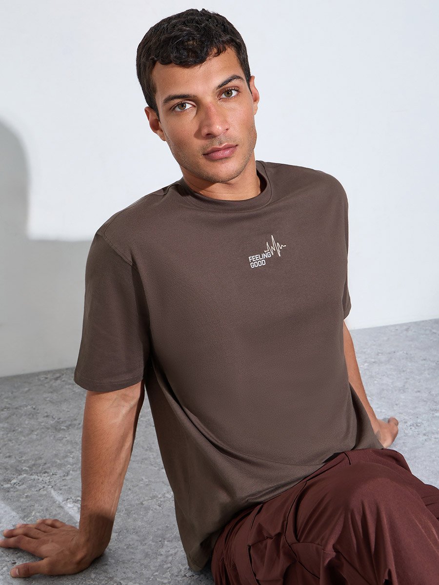 Brown Embroidery and Print Crew Neck Oversized T-Shirt
