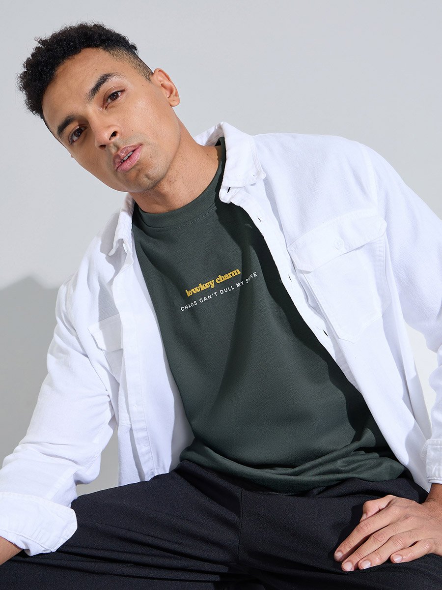 Dark Green Puff Slogan Print Oversized T-Shirt