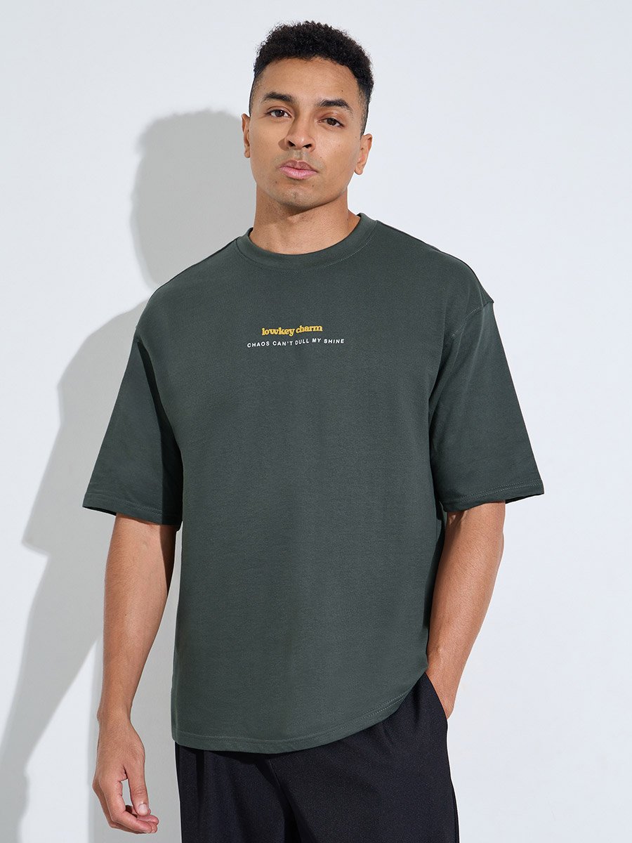 Dark Green Puff Slogan Print Oversized T-Shirt