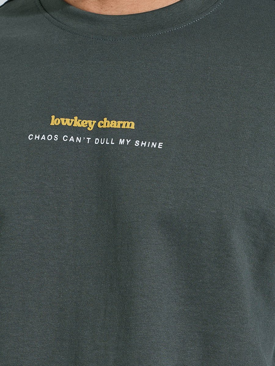 Dark Green Puff Slogan Print Oversized T-Shirt