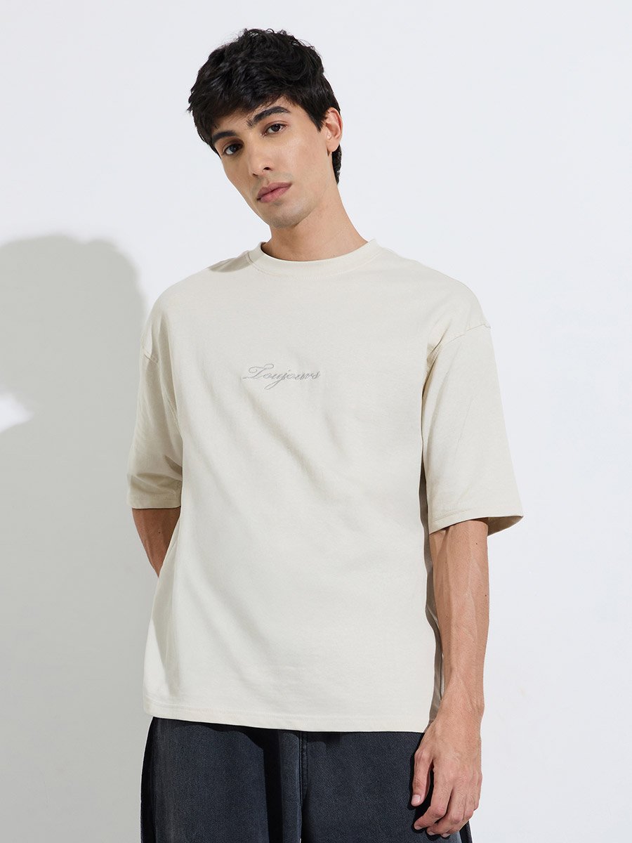 Men Grey Oversized Embroidered Cotton Terry T-Shirt
