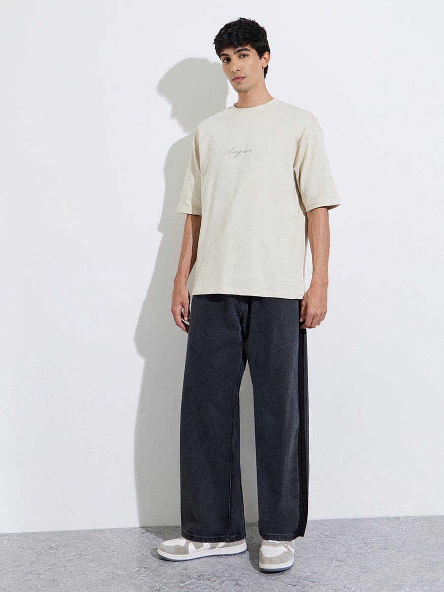 Men Grey Oversized Embroidered Cotton Terry T-Shirt