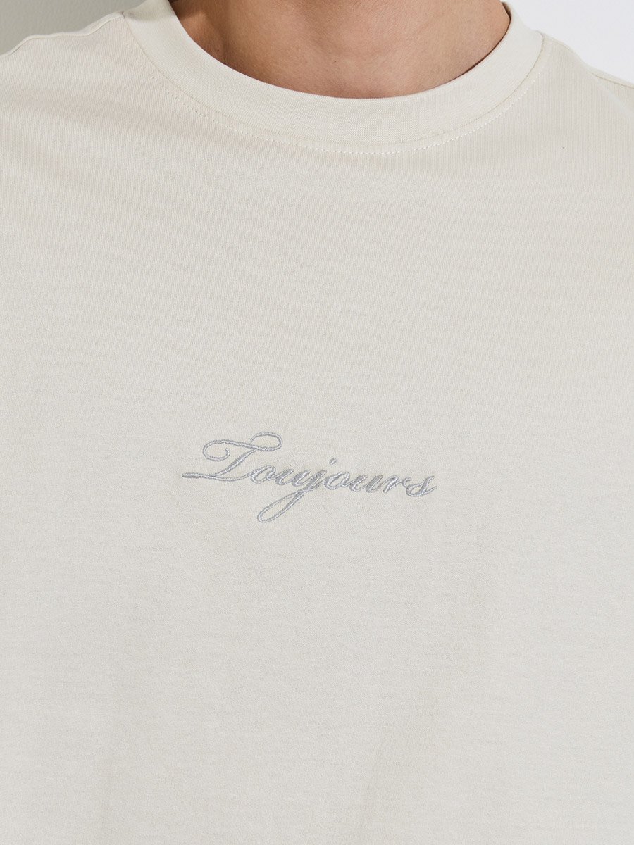 Men Grey Oversized Embroidered Cotton Terry T-Shirt