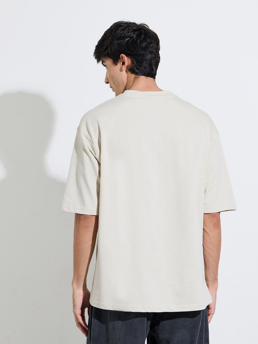 Men Grey Oversized Embroidered Cotton Terry T-Shirt