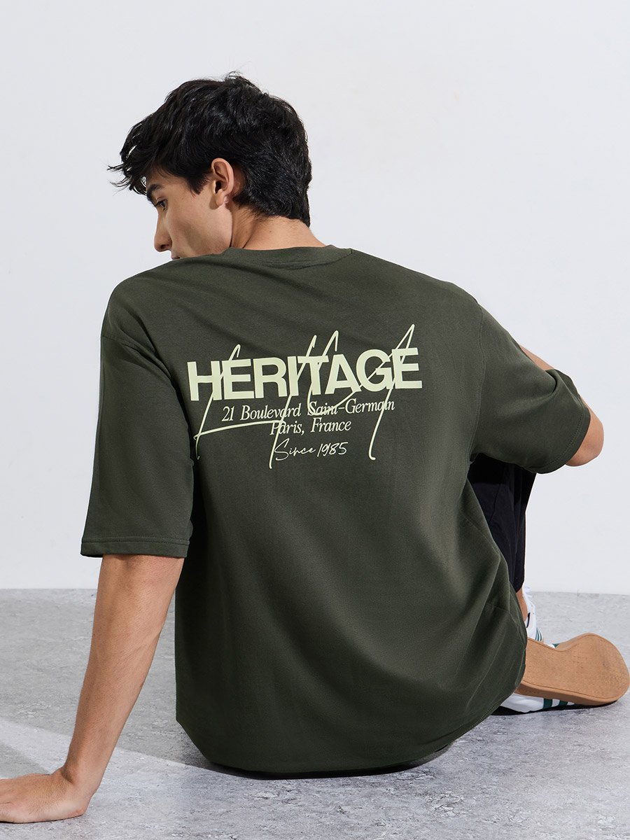 Olive Green Slogan Print Crew Neck Oversized T-Shirt